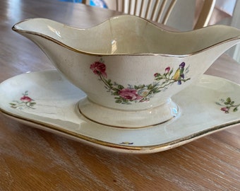 Antique French Bone China Gravy Boat, Floral Bird Design