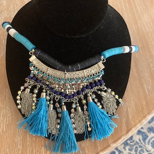 Long blue beaded stone tassel necklace