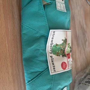 May include: A teal green fabric strawberry planter with a white label that says "strawberry planter" and features a picture of a strawberry plant. The label also says "Berry Bagz".