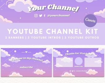 YouTube Channel Kit | Animated Youtube Intro and Outro | Youtube Banner | Aesthetic Gradient Pink Purple Cloud Sky | Editable Canva Template