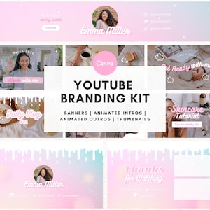 Pastelroze YouTube-brandingkit | Geanimeerde YouTube-intro en outro, YouTube-banner, miniatuur | YouTube-kanaal | Bewerkbare canvassjabloon