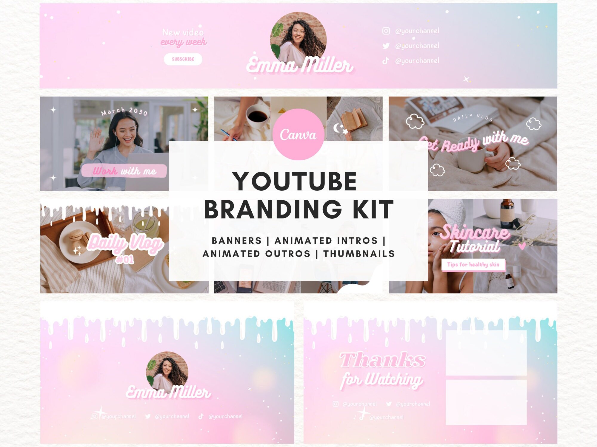Pastel Pink Youtube Branding Kit | Animated Youtube Intro & Outro ...