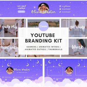 YouTube-brandingkit Purple Cloudy Sky, geanimeerde YouTube-intro en outro, YouTube-banner, miniatuur, YouTube-kanaal, bewerkbare Canva-sjabloon
