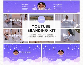 Purple Cloudy Sky Youtube Branding Kit, animiertes Youtube Intro & Outro, Youtube Banner, Miniaturbild, Youtube Kanal, bearbeitbare Canva Vorlage