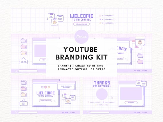 Pixel Computer Youtube Branding Kit, Animated Intro & Outro, Youtube Banner, Thumbnail, Pastel Youtube Channel, Editable Canva Template