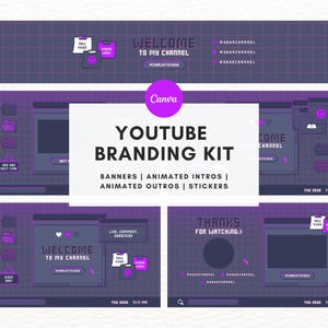 May include: A purple and gray YouTube branding kit with a retro-style design. The kit includes banners, animated intros and outros, and stickers. The text "WELCOME TO MY CHANNEL" is featured on the banners.