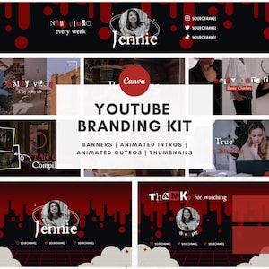 Dark Red Youtube Branding Kit, Animated Youtube Intro and Outro, Youtube Banner, Thumbnail, Horror Youtube Channel, Editable Canva Template