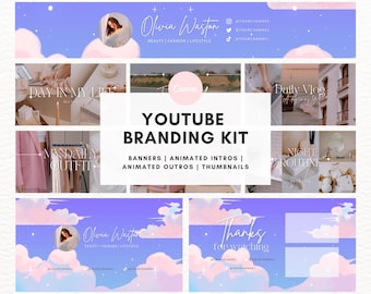 Könnte beinhalten: Ein YouTube-Branding-Kit mit einem rosa und violetten Farbschema. Das Kit enthält Banner, animierte Intros, animierte Outros und Thumbnails. Der Text "Olivia Waston" ist auf den Bannern zu sehen. Der Text "YOUTUBE BRANDING KIT" ist in der Mitte des Bildes zu sehen.