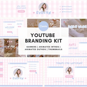 Blue Pink Computer Youtube Branding Kit, Animated Intro & Outro, Youtube Banner, Thumbnail, Pastel Youtube Channel, Editable Canva Template