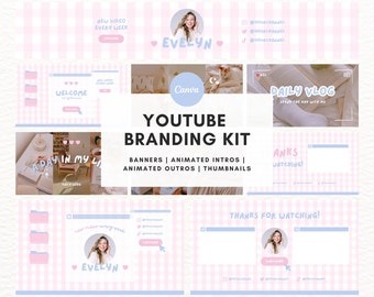 Blue Pink Computer Youtube Branding Kit, Animated Intro & Outro, Youtube Banner, Thumbnail, Pastel Youtube Channel, Editable Canva Template