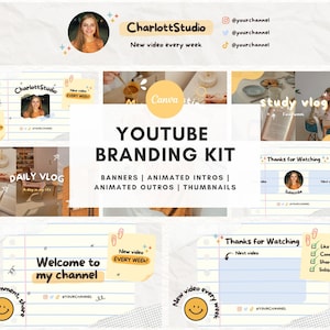 Puede incluir: Un kit de marca de YouTube con un esquema de color amarillo y blanco. El kit incluye banners, intros animadas, outros animadas y miniaturas. El texto "YouTube Branding Kit" está en letras grandes y negritas. El texto "Banners | Animated Intros | Animated Outros | Thumbnails" está en letras más pequeñas debajo del título principal.