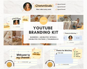 Schulnotizpapier Youtube Branding Kit | Animiertes Youtube Intro & Outro, Youtube Banner, Thumbnail | Benutzerdefinierter Kanal | Bearbeitbare Canva Vorlage