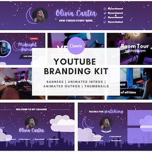 Lila Nachthimmel Youtube Branding Kit | Animiertes Youtube Intro & Outro, Youtube Banner, Thumbnail | Gaming Channel | Bearbeitbare Canva Vorlage