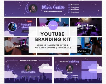 Purple Night Sky Youtube Branding Kit | Animated Youtube Intro & Outro, Youtube Banner, Thumbnail | Gaming Channel | Editable Canva Template