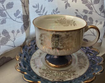 Royal Crown Iridescent Blue and Gold Footed Tea Cup & Lattice Saucer, 1950's Collectable Vintage China