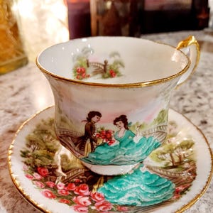 Rare Paragon Vintage Tea Cup, 1900&#39;s England Bone China, H.M. Queen Pottery Issued, Courting Couple,  Victorian Fine China Tea Set, Romantic