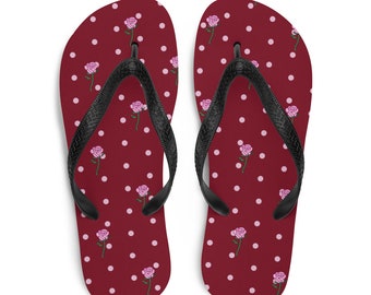 Maroon Floral Flip-Flops, Rose Victorian Print, Summer Footwear
