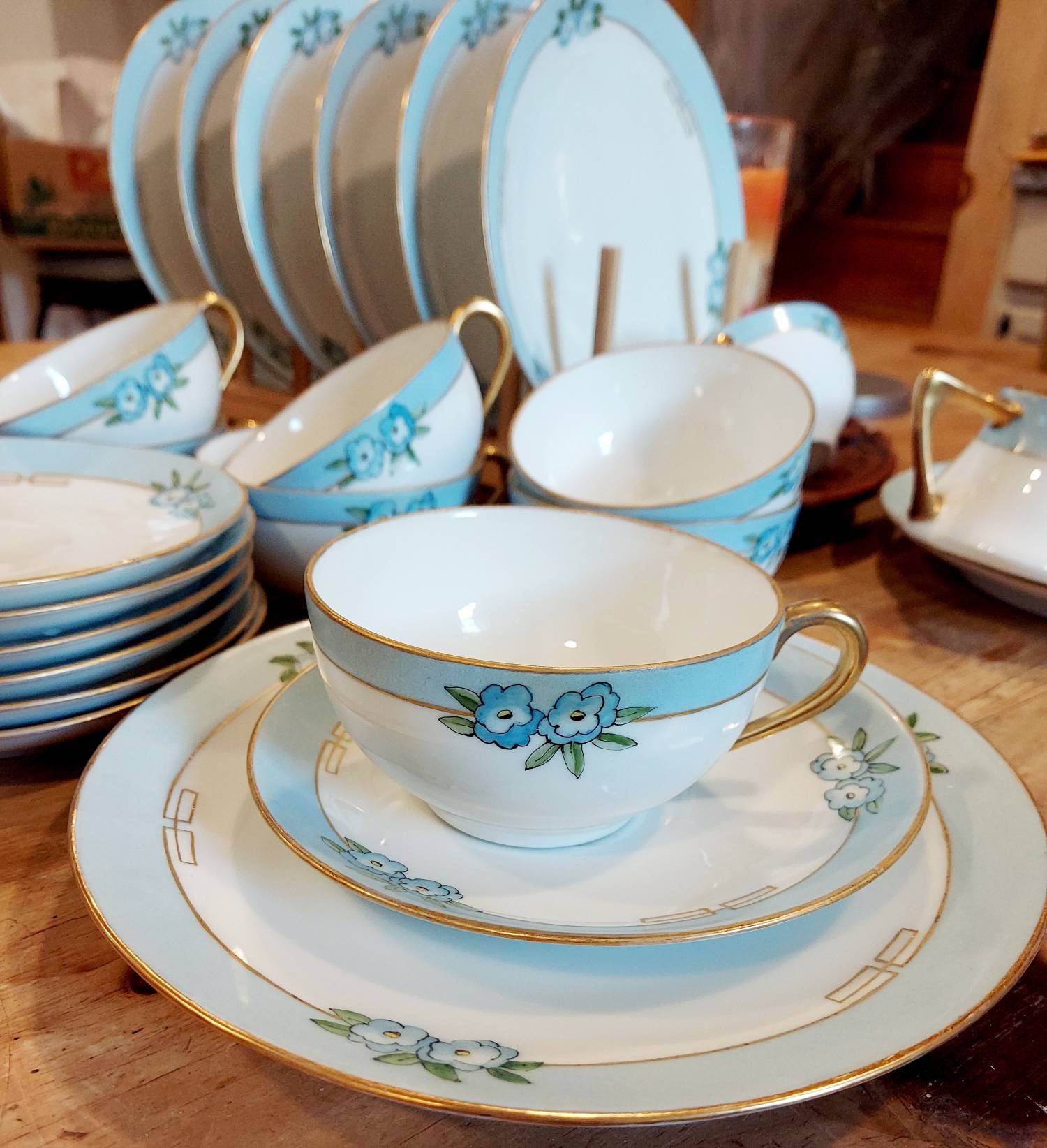 Rare Vintage Tea Set/ Gold Dishes/bavaria/ Light Blue