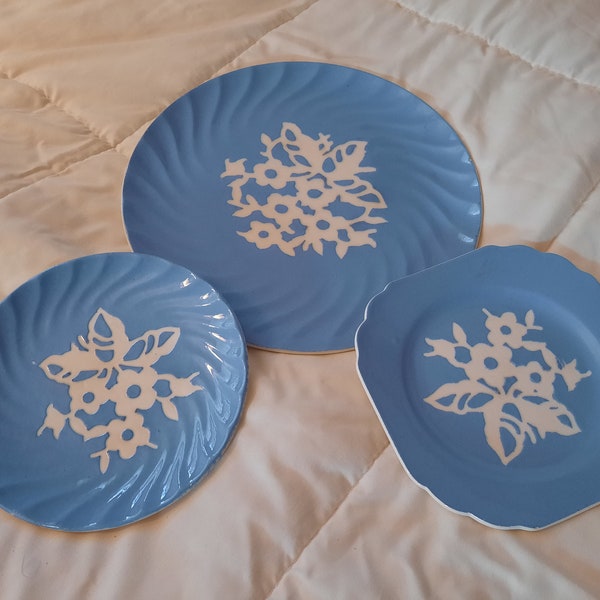 Vintage Plates, Blue Cameo plates, Decorative Dishes, Harker Pottery, USA Made, dessert, salad, Luncheon, early mid-century, dinnerware