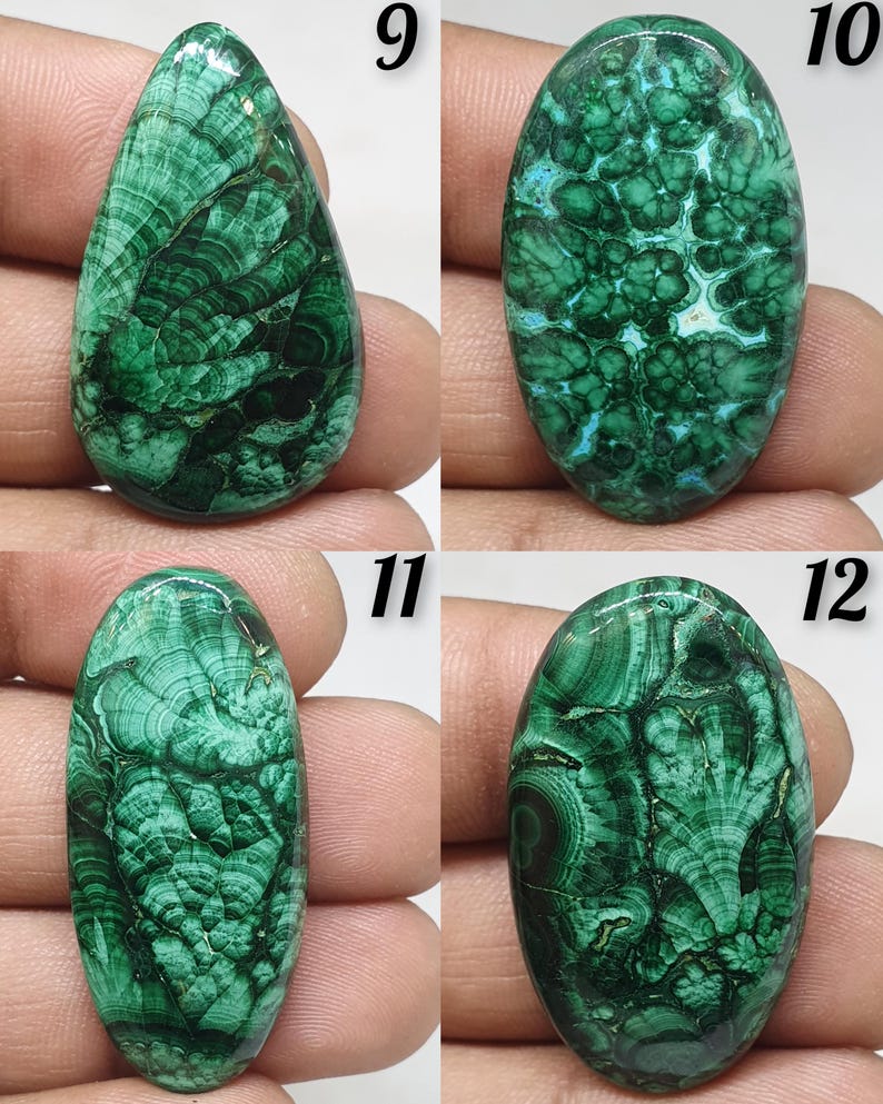 May include: Four polished malachite gemstones with unique patterns. The stones are various shapes, including oval and teardrop, and display a range of dark and light green hues. The natural patterns resemble swirling lines and textures, showcasing the stone's organic beauty.