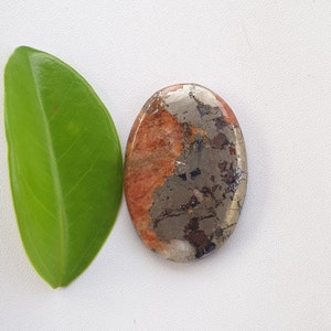 以下が含まれることがあります： さまざまな色合いが混ざった楕円形の宝石。石は赤茶色とメタリックグレーの色合いが混ざり合い、表面は研磨されています。明るい緑色の葉が石の隣に配置されています。
