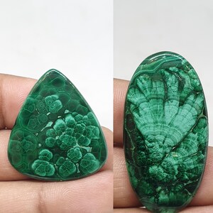 May include: Two polished malachite gemstones. The first is a triangular shape with a floral pattern. The second is an oval shape with a layered, fan-like pattern. Both stones are a deep, rich green color.