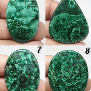 May include: Four polished malachite gemstones in various shapes. The stones display a rich green color with intricate swirling patterns. The gemstones are numbered 5, 6, 7, and 8, and are set against a neutral background.
