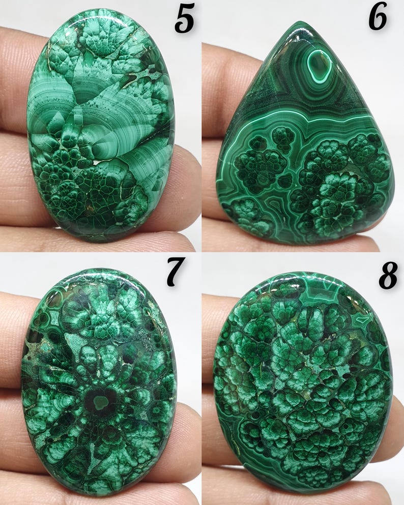 May include: Four polished malachite gemstones in various shapes. The stones display a rich green color with intricate swirling patterns. The gemstones are numbered 5, 6, 7, and 8, and are set against a neutral background.