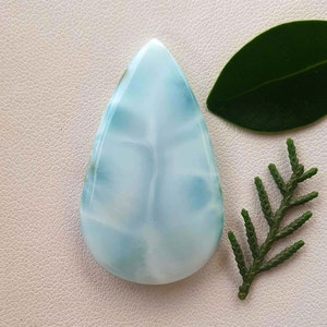 Puede incluir: Una gema pulida en forma de lágrima, con un patrón veteado azul claro y blanco. La piedra se encuentra sobre un fondo neutro, con una hoja verde y una ramita de vegetación en el marco.