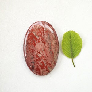 May include: Oval-shaped polished gemstone with a red and gray marbled pattern. A green leaf is next to the gemstone. The gemstone has a glossy finish. The background is white.