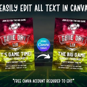May include: Two football-themed invitation templates with the text "GAME DAY LIX" and "JOIN US FOR THE BIG GAME". The templates have a red, yellow, and green gradient background. The text "IT'S GAME TIME!" and "THE BIG GAME" are displayed.