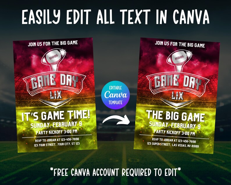 May include: Two football-themed invitation templates with the text "GAME DAY LIX" and "JOIN US FOR THE BIG GAME". The templates have a red, yellow, and green gradient background. The text "IT'S GAME TIME!" and "THE BIG GAME" are displayed.