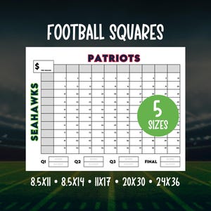 May include: A football squares grid with the text "Football Squares" at the top. The grid features the teams "Seahawks" and "Patriots". The image also includes the text "5 Sizes" and size options.