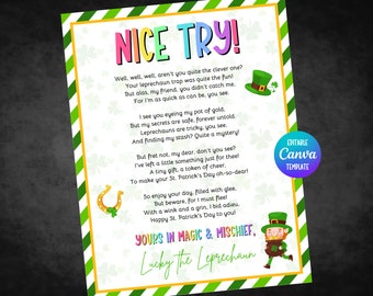 Leprechaun Letter, Editable Letter from Leprechaun, Leprechaun Trap Letter, St. Patricks Day Kids Activity, Leprechaun Note for kids