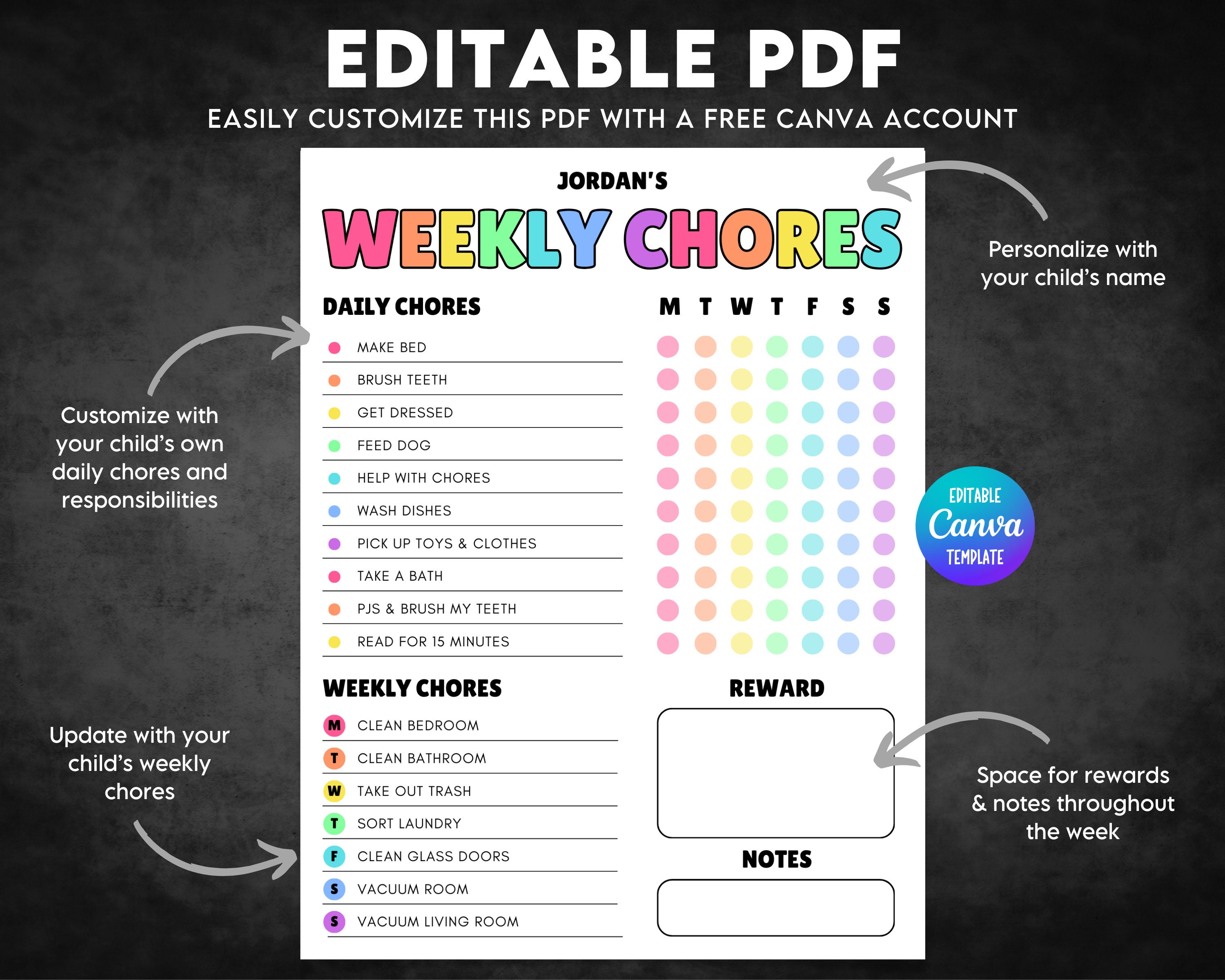Editable Weekly Chore Chart for Kids, Printable Chore Chart, Kids Daily ...