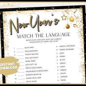 New Years Games, Match the Language, NYE Games, New Years Eve Printable Game, New Years Party, New Years Eve Party Games for Kids and Adult
