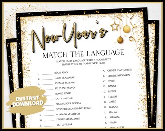New Years Games, Match the Language, NYE Games, New Years Eve Printable Game, New Years Party, New Years Eve Party Games for Kids and Adult