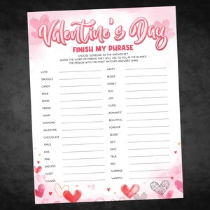 Valentinstag Spiele, Finish My Phrase, Valentinstag Spiele, Galentines Day, Valentinstag Partyspiele für Kinder und Erwachsene