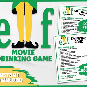 May include: A printable Elf movie drinking game with instructions for both kids and adults. The game includes instructions to add a marshmallow or take a drink when certain events happen in the movie.
