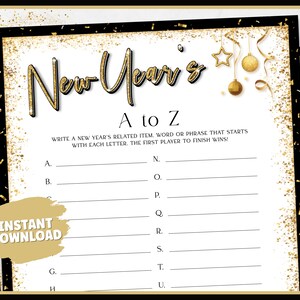 New Years Games, New Years A to Z, New Years Eve Printable Games, New Years Party, New Years Eve Party Games for Kids and Adults, NYE Game