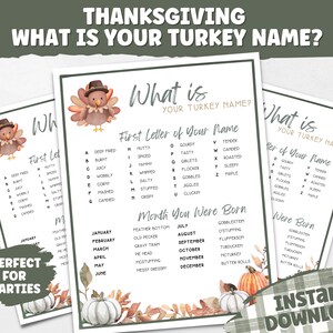 Thanksgiving What&#39;s Your Turkey Name Game | Thanksgiving Party Games | Thanksgiving Printable Games | Friendsgiving Games | Turkey Day