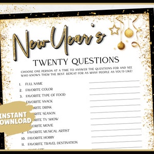 New Years Games, Twenty Questions, NYE Games, New Years Eve Printable Game, New Years Party, New Years Eve Party Games for Kids and Adult