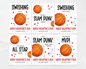 Basketball Valentine's Day Cards, Printable Valentine's for Kids, Kids Valentine's Cards, Valentine's Day Gift Tags, Class Valentine's Cards