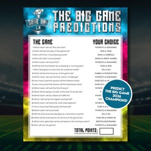 Puede incluir: Una hoja de predicciones del día del partido con un fondo degradado azul, turquesa y rosa. El texto "The Big Game Predictions" está en la parte superior. La hoja enumera preguntas sobre el juego y opciones.