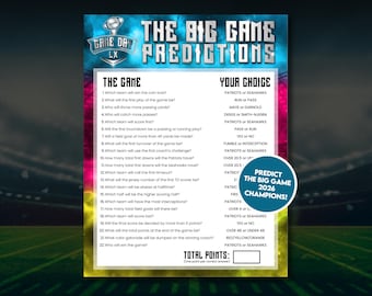Big Game Predictions, Super Football Bowl Predictions, Football Predictions Game, Football Party Activity, Football Printable