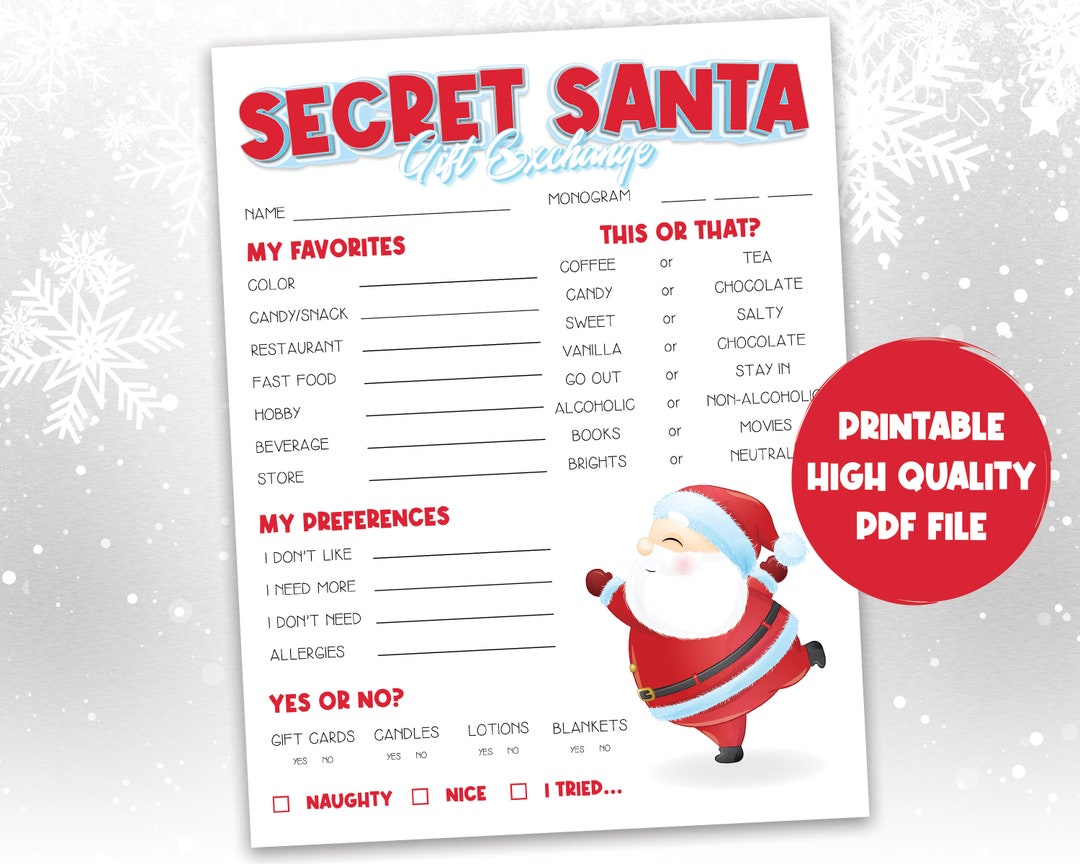 Secret Santa Questionnaire Printable for Christmas Gift Exchange Secret Santa Form Secret Santa ...