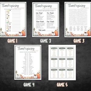 May include: Five printable Thanksgiving game cards with a fall theme. The games include a picture dictionary, what's on your plate, word search, this or that, and a Thanksgiving bingo card.