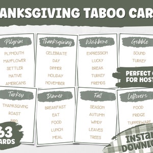 Thanksgiving Tabu Spielkarten| Thanksgiving Spiel zum ausdrucken | Freundschaftsspiel | Thanksgiving Spiel für Kinder und Erwachsene | Erntedankfest
