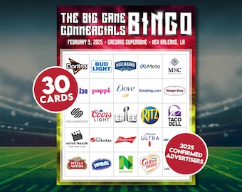 Big Game Commercial Bingo, Super Commercials Bowl Bingo, Football Bingo, Football Party Activity, Bingo Game, Football Printable