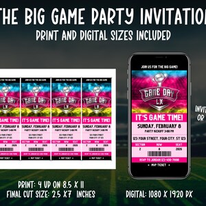 Może przedstawiać: Zaproszenie na imprezę Big Game z rozmiarami do druku i cyfrowymi. Projekt zawiera grafikę piłkarską z r&oacute;żowymi, niebieskimi i ż&oacute;łtymi akcentami. Zaproszenie zawiera szczeg&oacute;ły, takie jak data, godzina i miejsce.